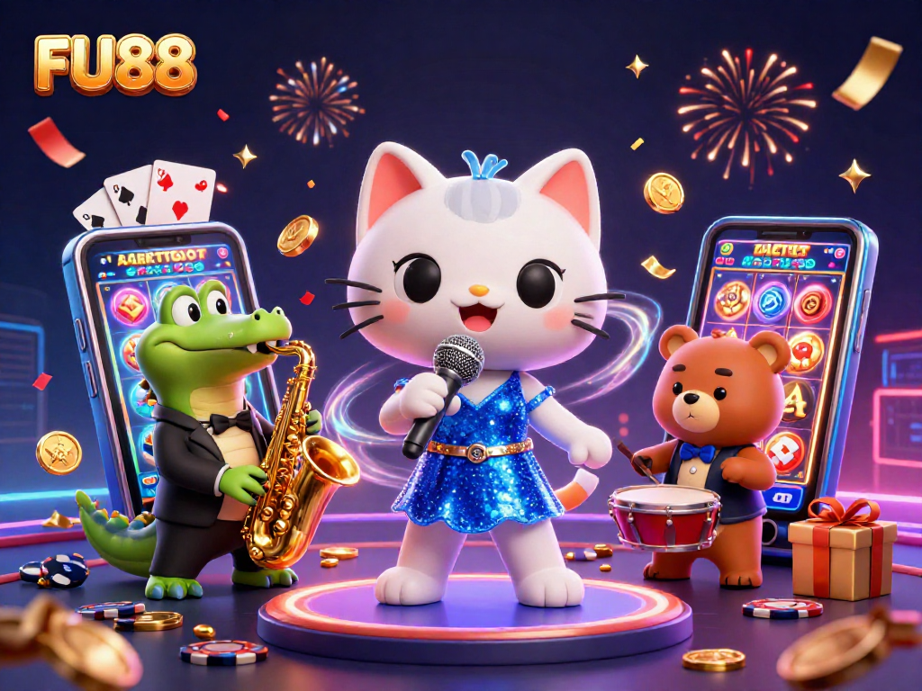 Catch the excitement of FU88 as characters celebrate wins with slots, cards, and vibrant casino elements.