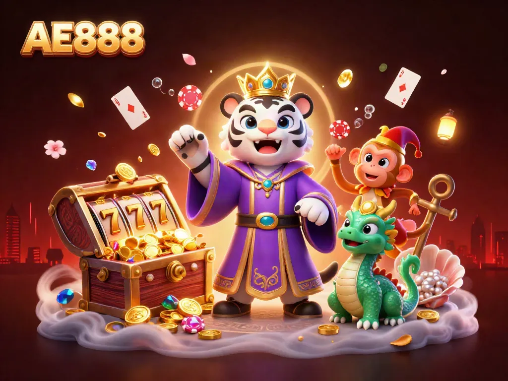 Engage in thrilling casino play at AE888 with vibrant characters and rich game elements in 3D.