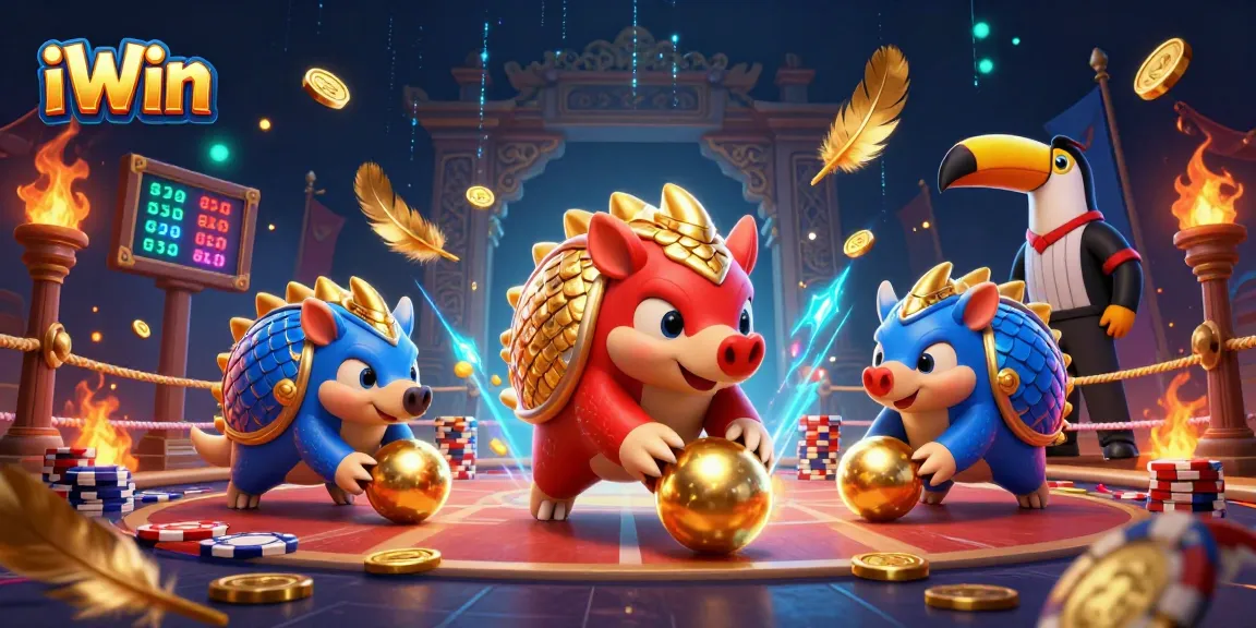 iWin pangolins battle through poker chips, showcasing thrilling gaming action and vibrant casino elements.