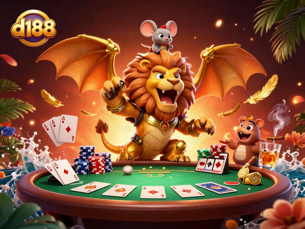 Experience the thrill of d188 with a dynamic scene of a chimera and poker elements, vibrant details.