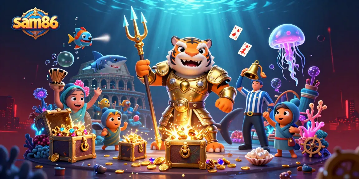 Engage in thrilling underwater battles at sam86 with a fierce shark gladiator and treasures.