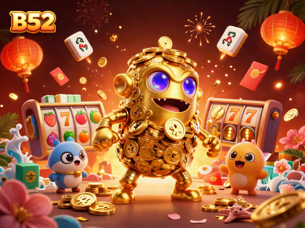 B52 showcases a vibrant casino scene with a golden golem, slot reels, and festive decorations, emphasizing fun gaming.