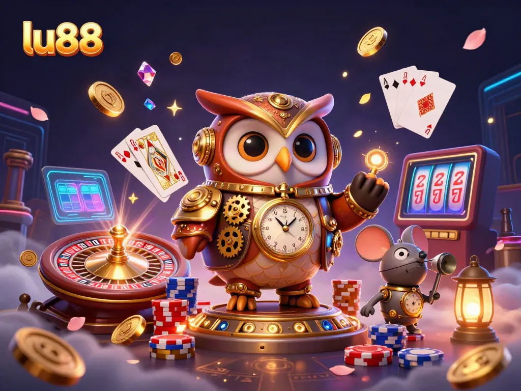 Experience thrilling gameplay at LU88 with a dynamic scene of a time-traveling owl and casino elements.