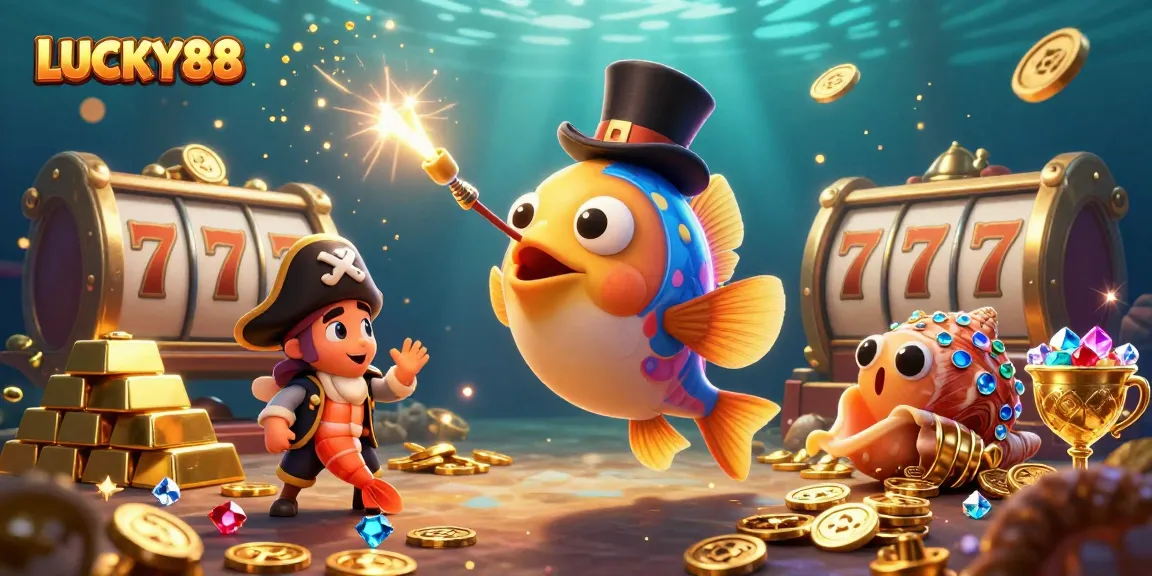 Engage with LUCKY88 by spinning slot reels and collecting glowing golden coins in an underwater treasure scene.