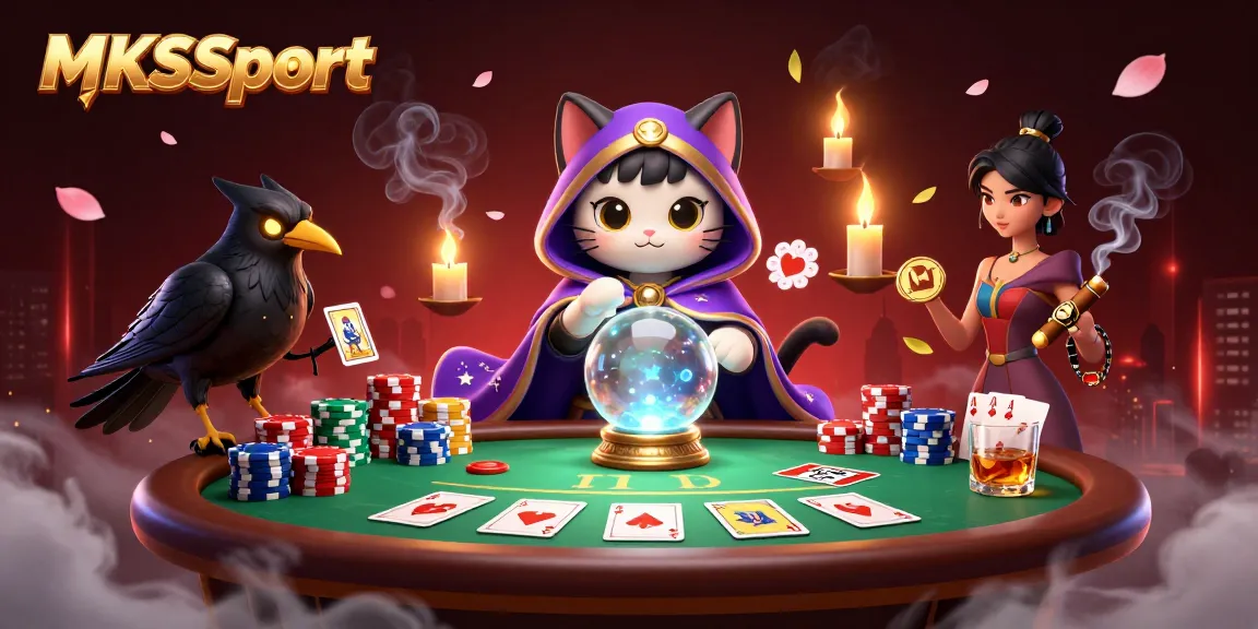 MKSport players enjoying a vibrant casino atmosphere with poker elements and mystical characters.