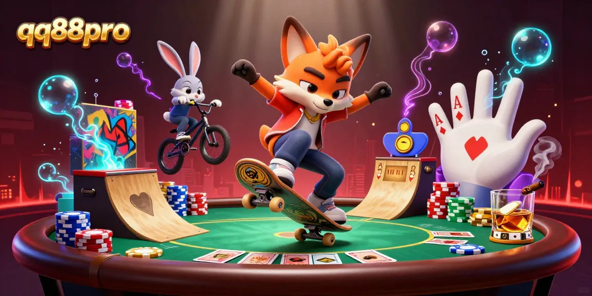 Experience thrilling gameplay with qq88pro through an ultra-detailed casino-themed 3D illustration featuring vibrant characters and rich elements.