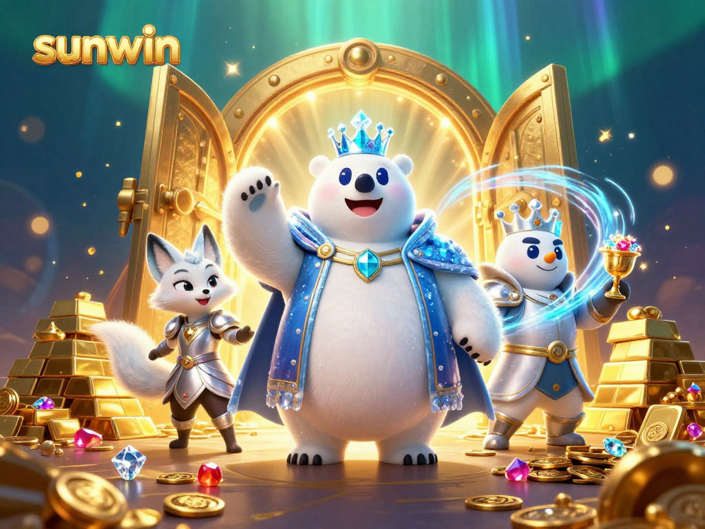 Join the thrilling sunwin casino adventure with the ice king bear and snow fox amidst dazzling treasures.