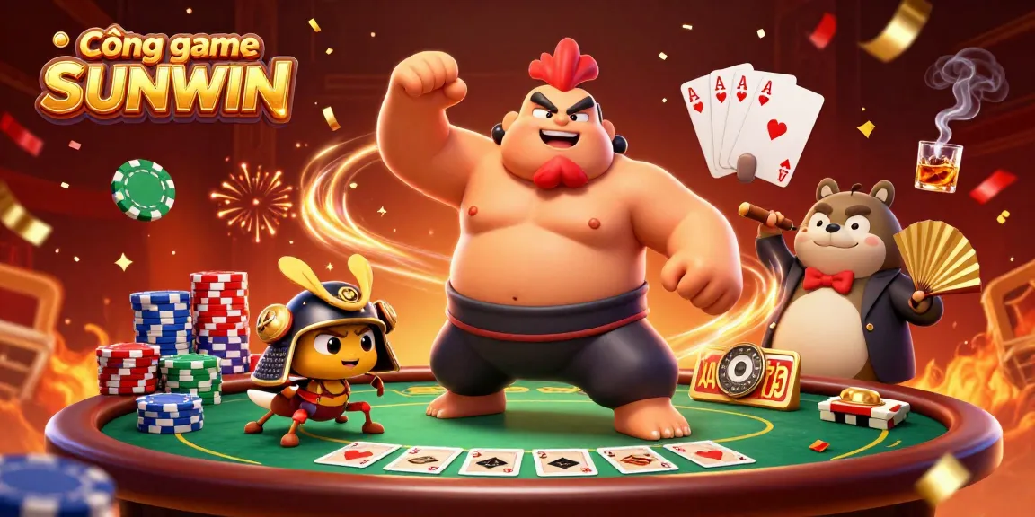 Cổng game SUNWIN brings thrilling poker action to life with a dynamic sumo wrestler, fierce cricket, and tanuki announcer amidst colorful casino elements.