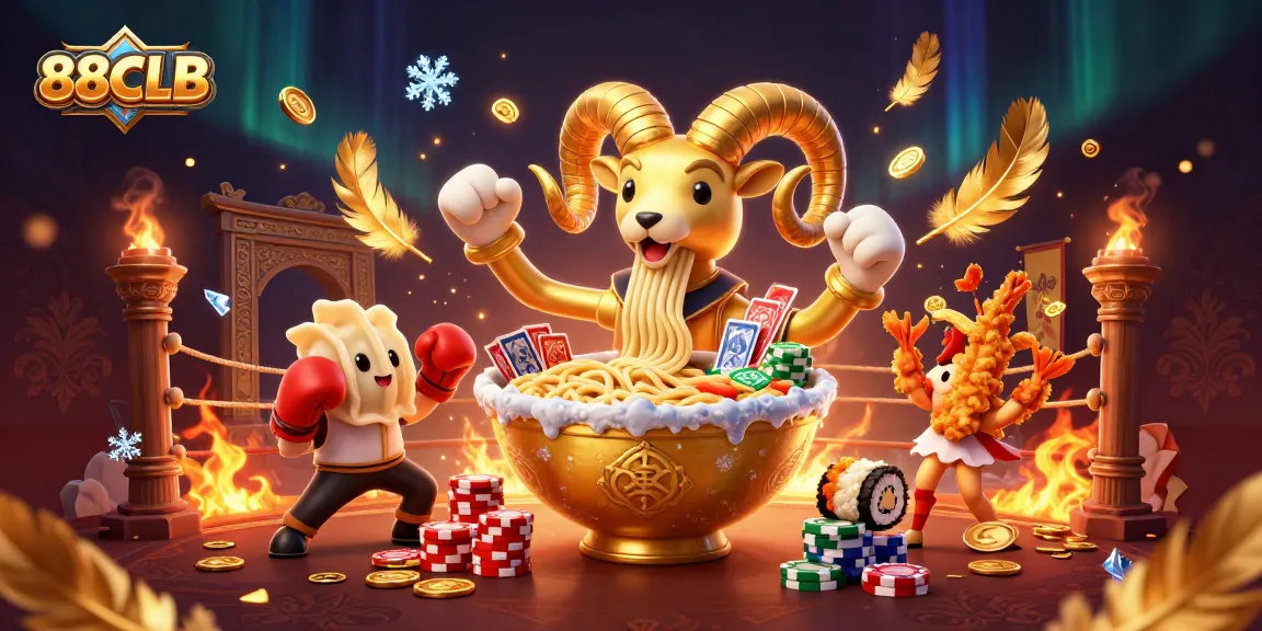 Win big with 88CLB at the energetic casino scene featuring a golden ramen bowl and friends.