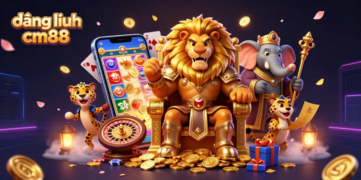 Engage with thrilling slots and casino fun on đăng nhập cm88 with this vibrant illustration of a lion king and friends.