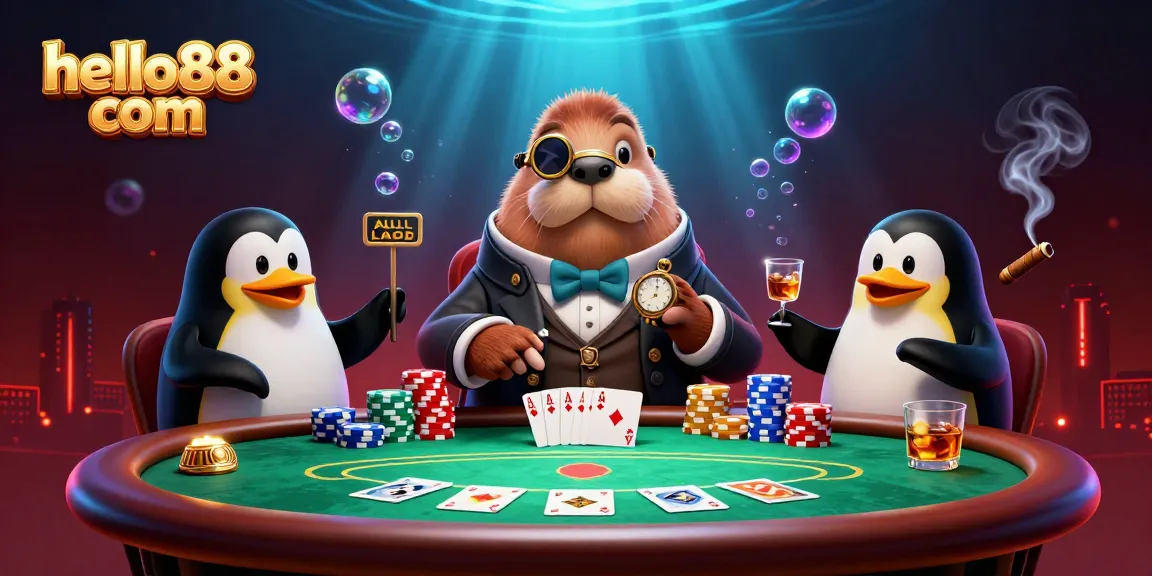 Experience the underwater poker game scene with hello88 com featuring a jolly walrus and sophisticated dealer.