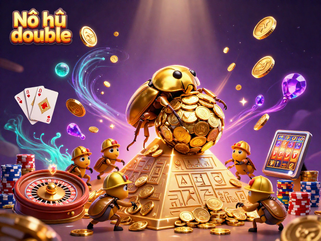 Experience the thrill of Nổ hũ double with colorful coins and playful characters in a vibrant casino scene.