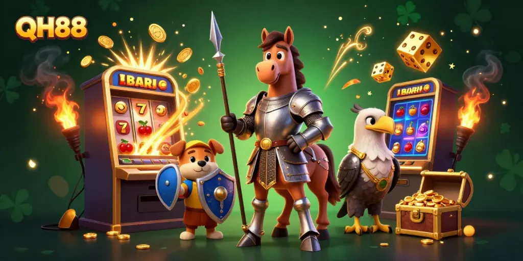 Experience the thrill of QH88 in a dynamic 3D casino illustration highlighting jackpots, slot machines, and festive game elements.