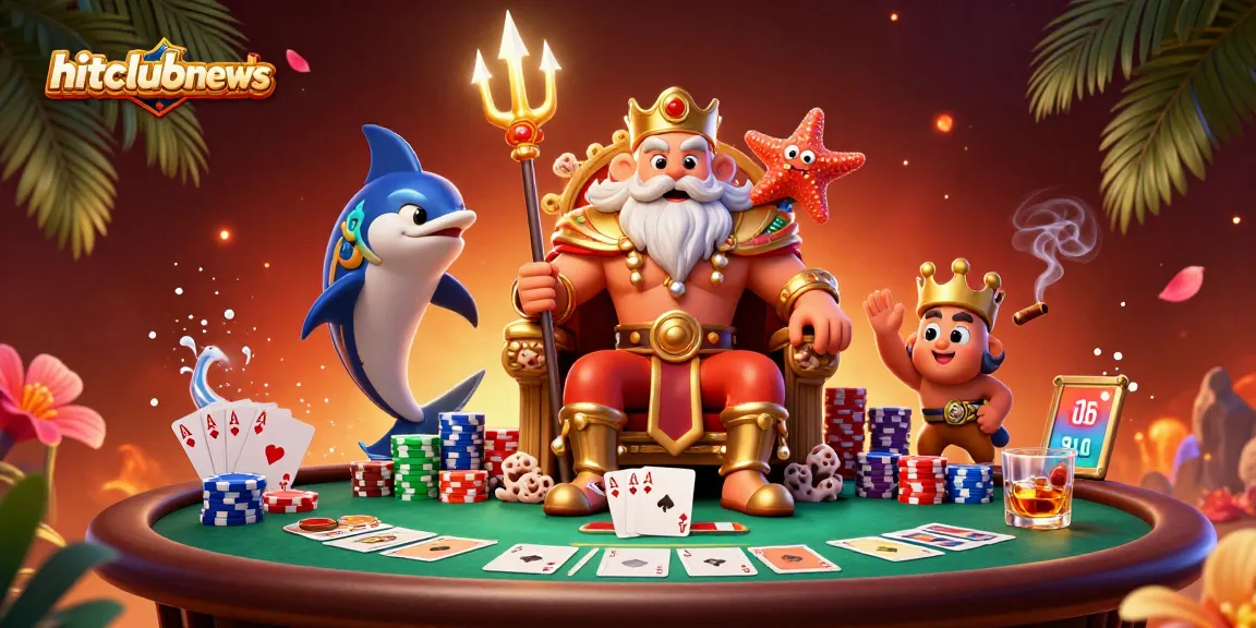 Hitclubnews showcases Neptune at a poker table with vibrant 3D casino elements, enhancing online gambling excitement.