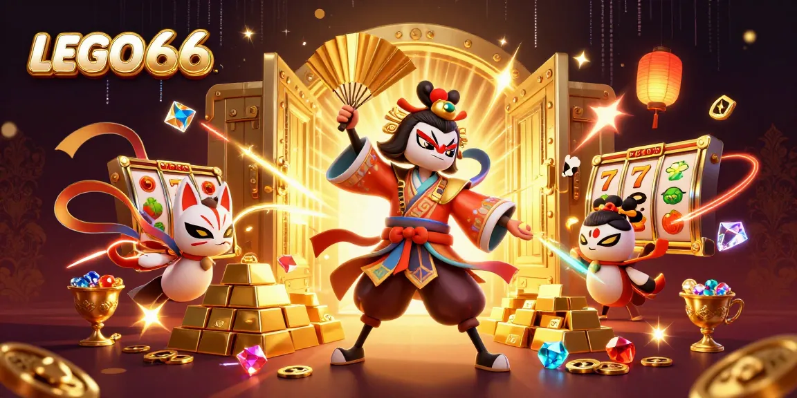 Lego66 spins the reels with vibrant 3D warriors and treasures in a thrilling casino scene.