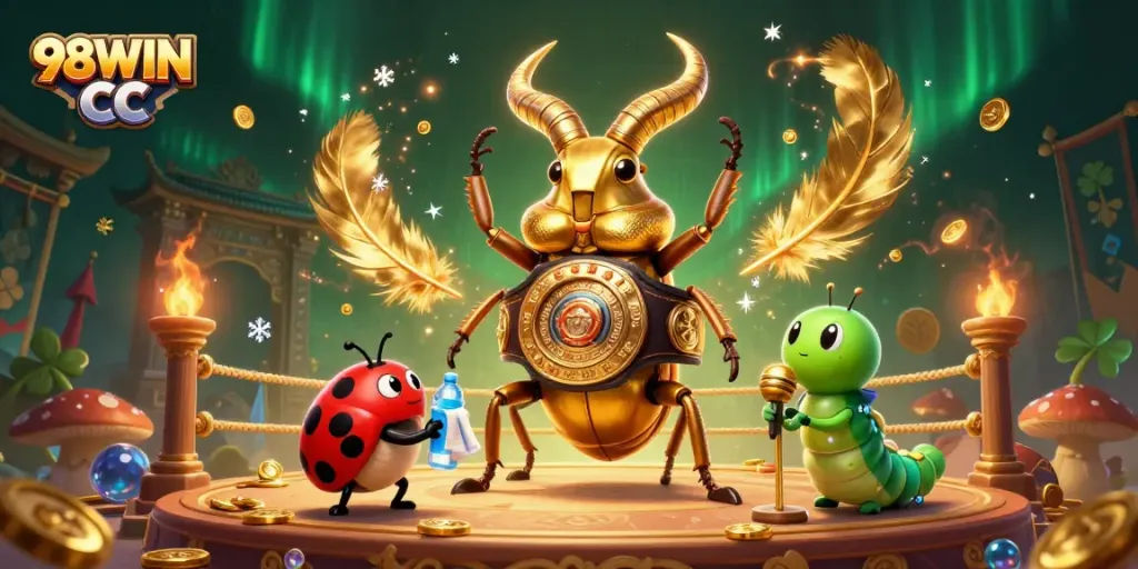 Engaging visual of 98WIN CC with characters of golden stag beetle boxing champion and ladybug corner-man amidst a vibrant casino setting.
