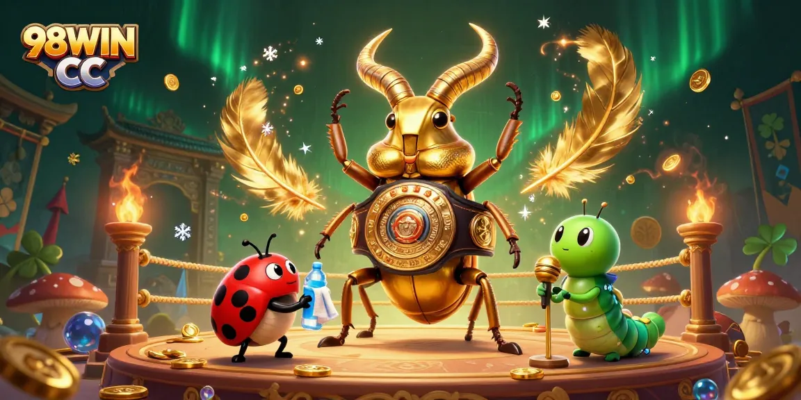 Engaging visual of 98WIN CC with characters of golden stag beetle boxing champion and ladybug corner-man amidst a vibrant casino setting.