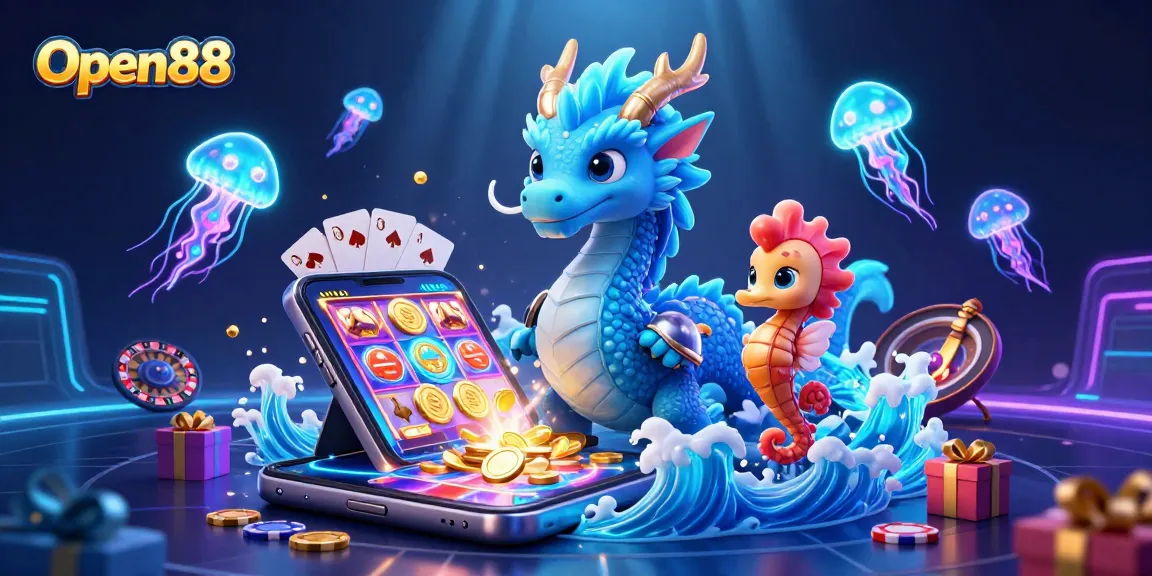 Open88 offers vibrant online gaming with a scene of a water dragon, seahorse knight, and casino elements.