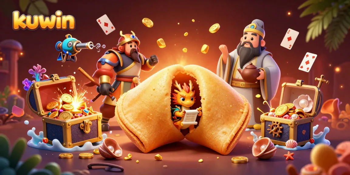 Kuwin's dynamic 3D casino adventure scene with gold fortune cookie, wise dragon, and treasure elements.