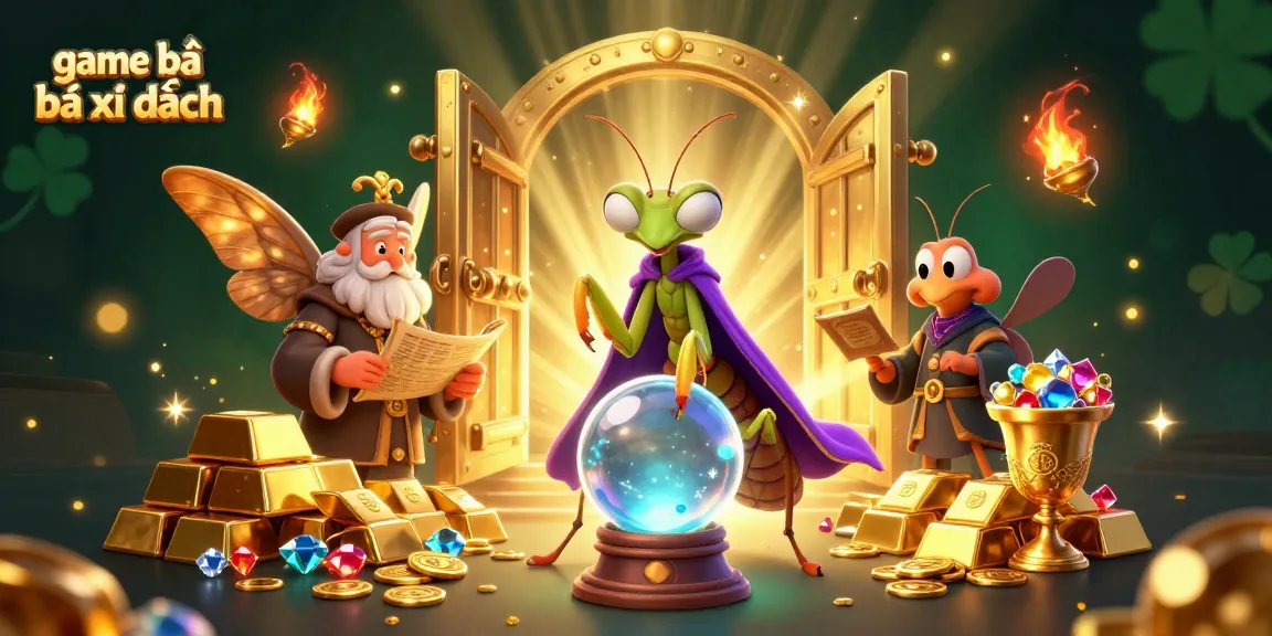 Experience game bài bài xì dách with mystical elements, gold treasures, and dynamic characters centered in vibrant settings.