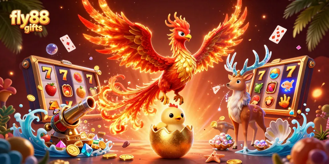Experience thrilling wins at fly88 gifts with a vibrant illustration featuring dynamic casino elements.