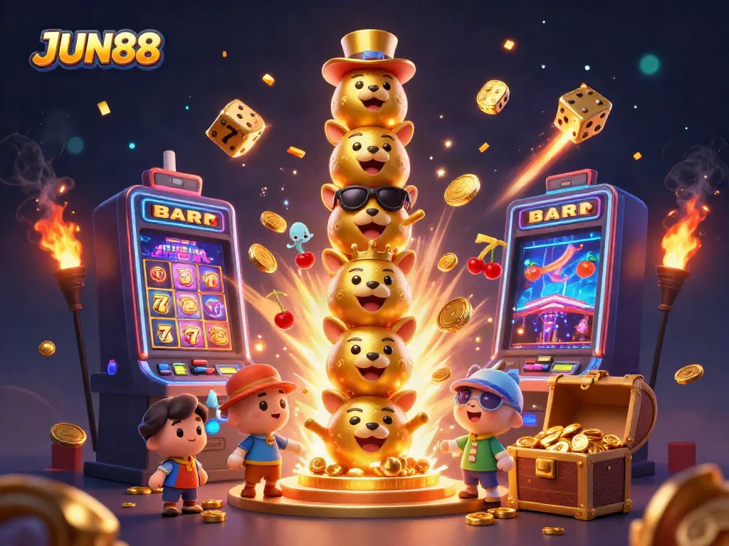 Experience the vibrant world of JUN88 with a dynamic 3D casino scene featuring a golden totem pole and a jackpot explosion.