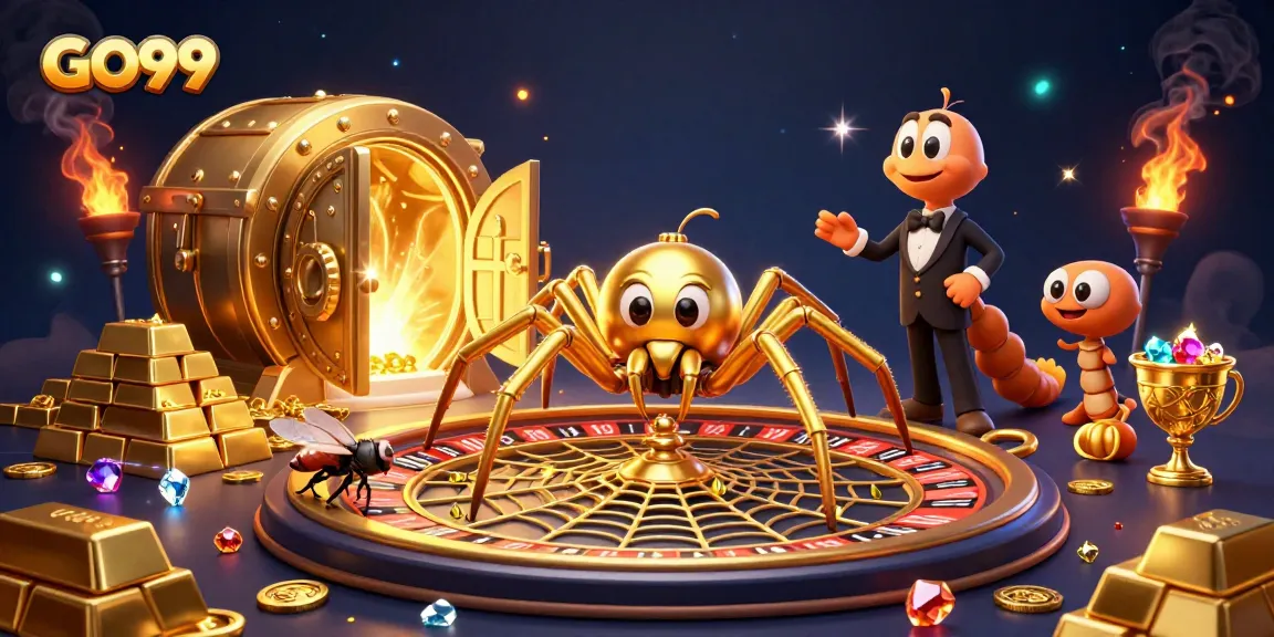 Engage with GO99's vibrant casino adventure featuring dynamic golden elements and playful characters.