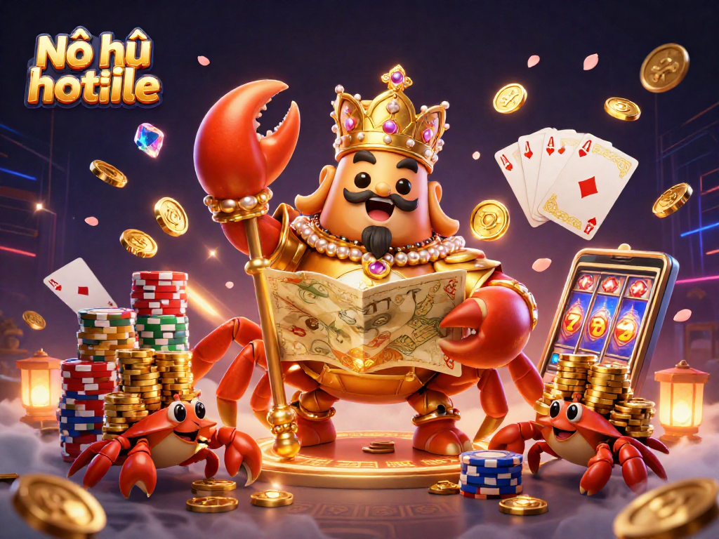 Nổ hũ hotline signifies thrilling gameplay, as the golden crab emperor leads a rich scene of luck and action.
