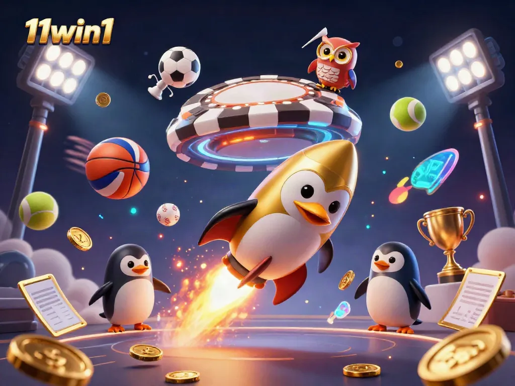Experience thrilling gaming with 11win1's dynamic casino scene featuring animated characters and sports elements.