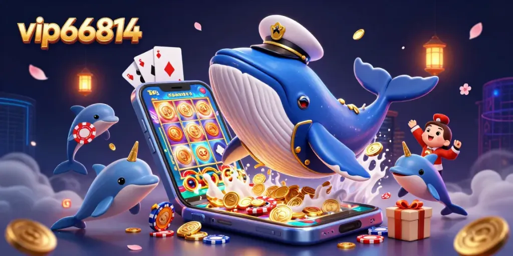 Experience thrilling gameplay at vip66814 with vibrant characters amidst coins, poker chips, and dynamic slot games.