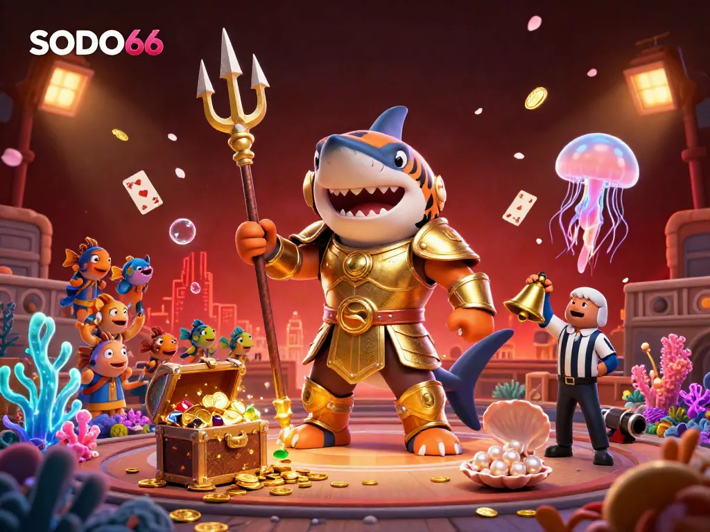 Engage with SODO66's thrilling underwater gambling scene featuring a gladiator shark.