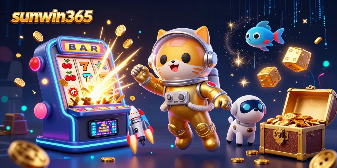 Experience thrilling wins at sunwin365 with a dynamic scene of a cat astronaut and gaming elements in outer space.