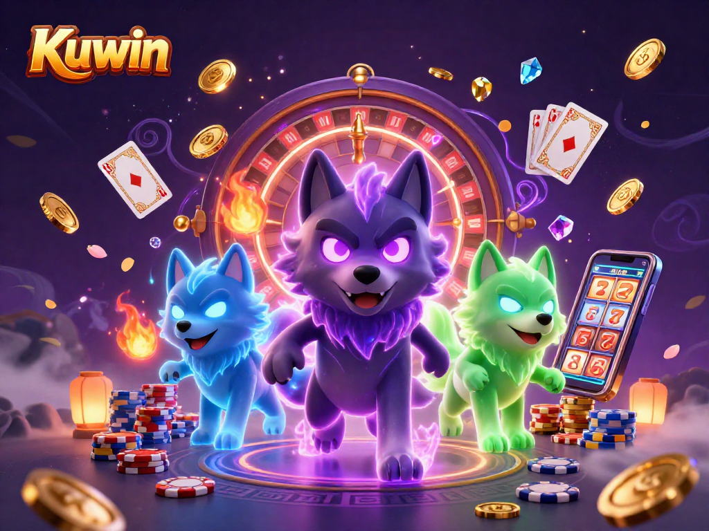 Kuwin showcases a spectral wolf leader and companions surrounded by casino treasures and gaming elements.