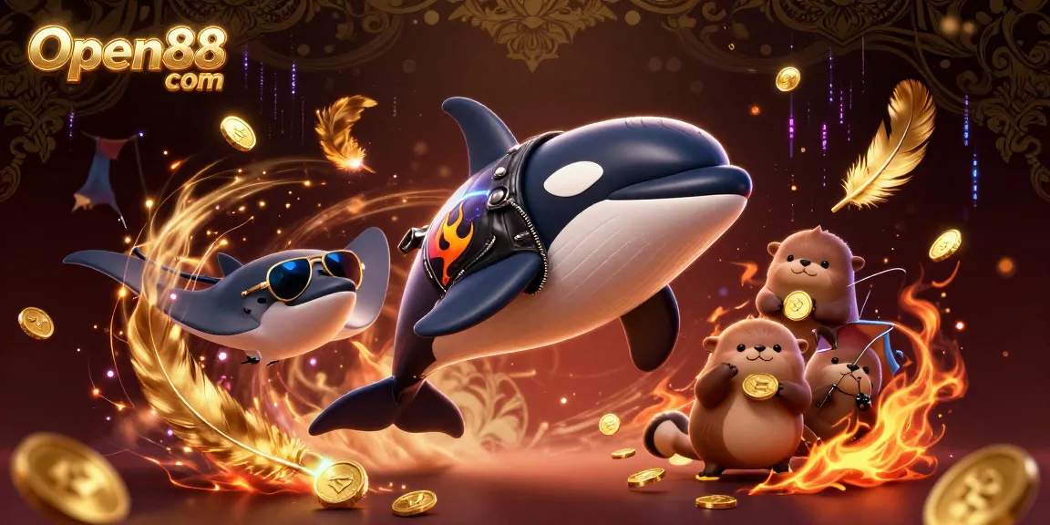 Experience exciting wins at Open88 com with a dynamic cartoon casino scene featuring fun sea creatures.