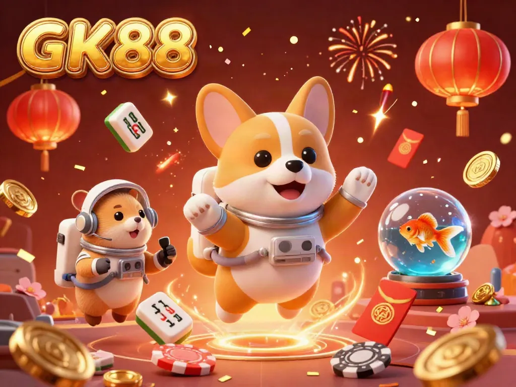 Experience GK88 in a zero-gravity casino scene as the corgi floats among poker chips and coins!
