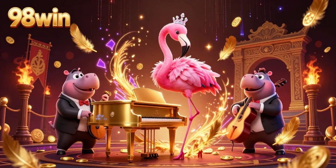 98win showcases a vibrant casino scene with a flamingo singer and a hippo bassist in a lively atmosphere.