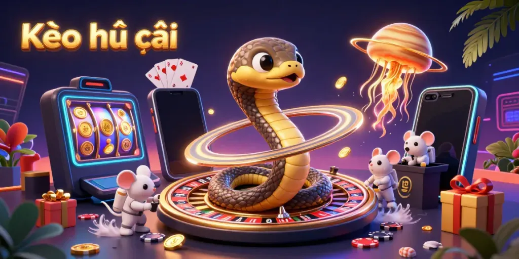 Engaging Kèo nhà cái scene with astronaut mice betting on a roulette wheel snake, colorful gaming elements.