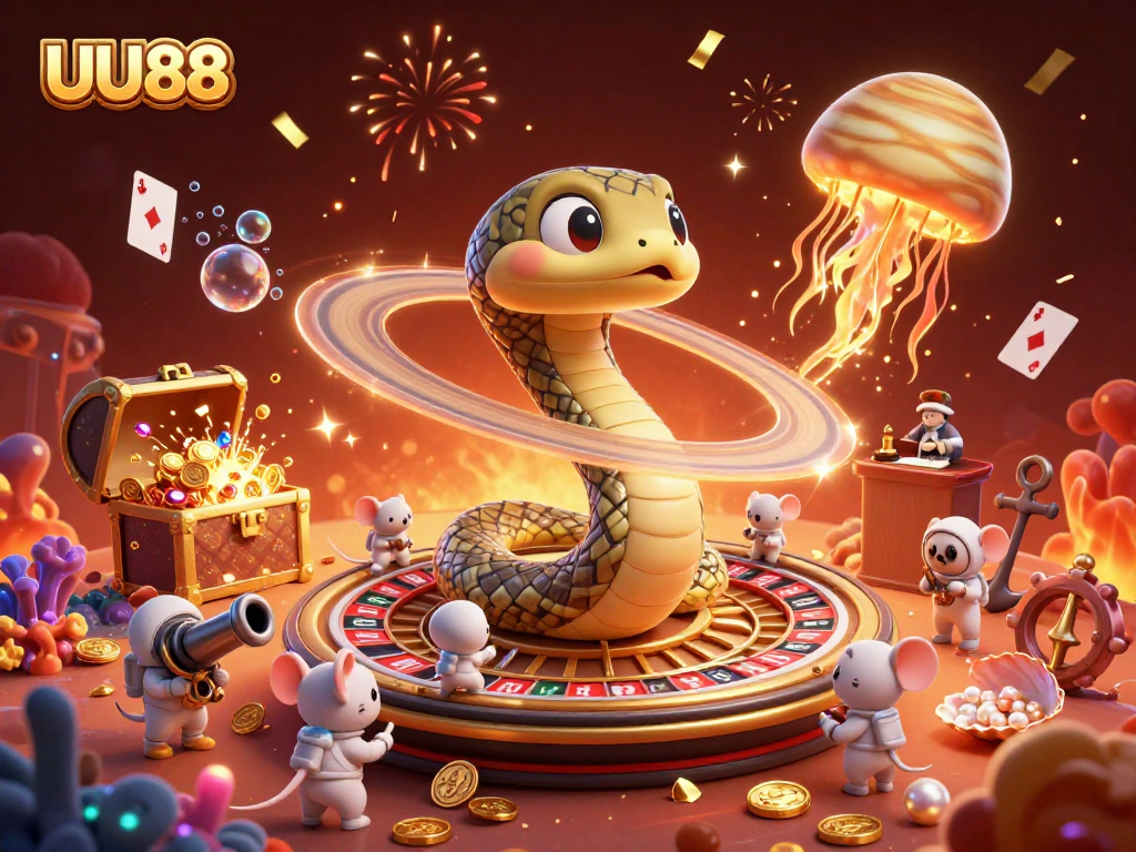 Engaging scene of astronaut mice betting on UU88's cosmic roulette at Saturn, featuring gold coins and vibrant visuals.