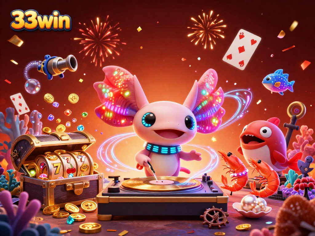 Experience a thrilling 33win casino adventure with vibrant 3D characters and dynamic slot elements.