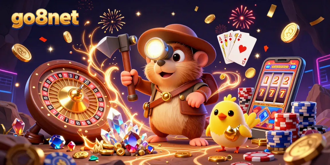 Join the treasure hunt in the vibrant world of go8net, where casino excitement meets adventure in a colorful 3D scene.