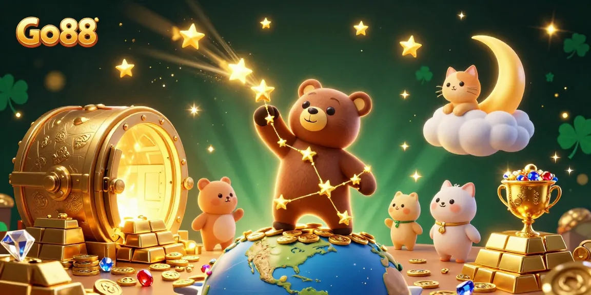 Engage in the gaming magic of Go 88 as the celestial characters scoop up glowing coins.