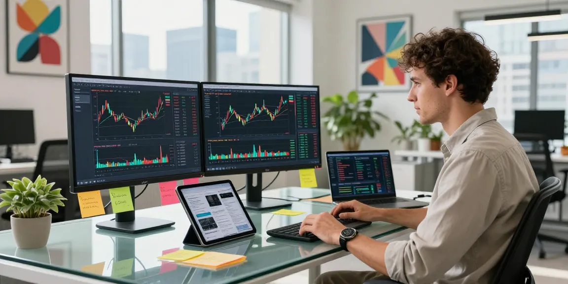 Financial analyst reviewing cryptocurrency trends at modern workspace while using dhankubera tools.