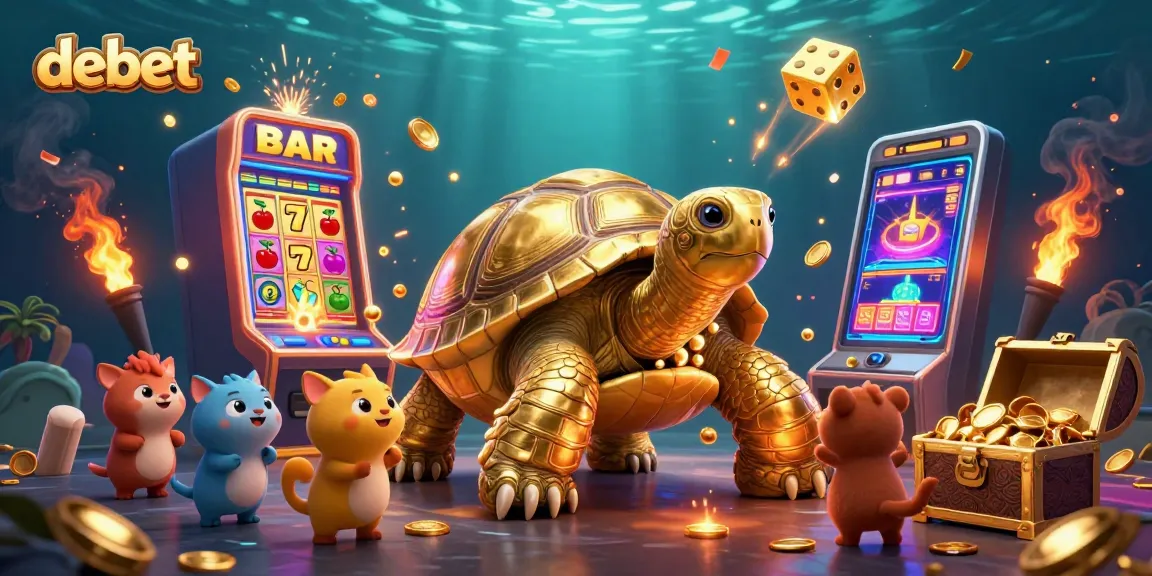 Experience debet's thrilling casino action with a vibrant jackpot explosion and playful golden tortoise!