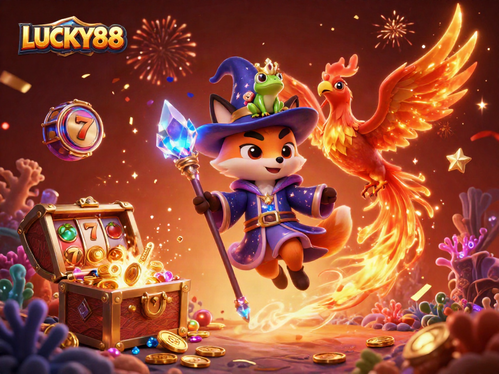 Spin and win with LUCKY88 in an ultra-detailed casino adventure illustration.