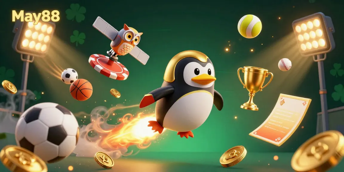 Experience winning moments with May88, featuring a golden penguin racing towards a casino space station.