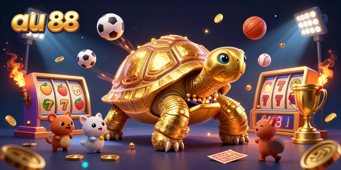 Experience exciting slot adventures at au 88 with a vibrant 3D digital illustration of a golden tortoise pinball machine.