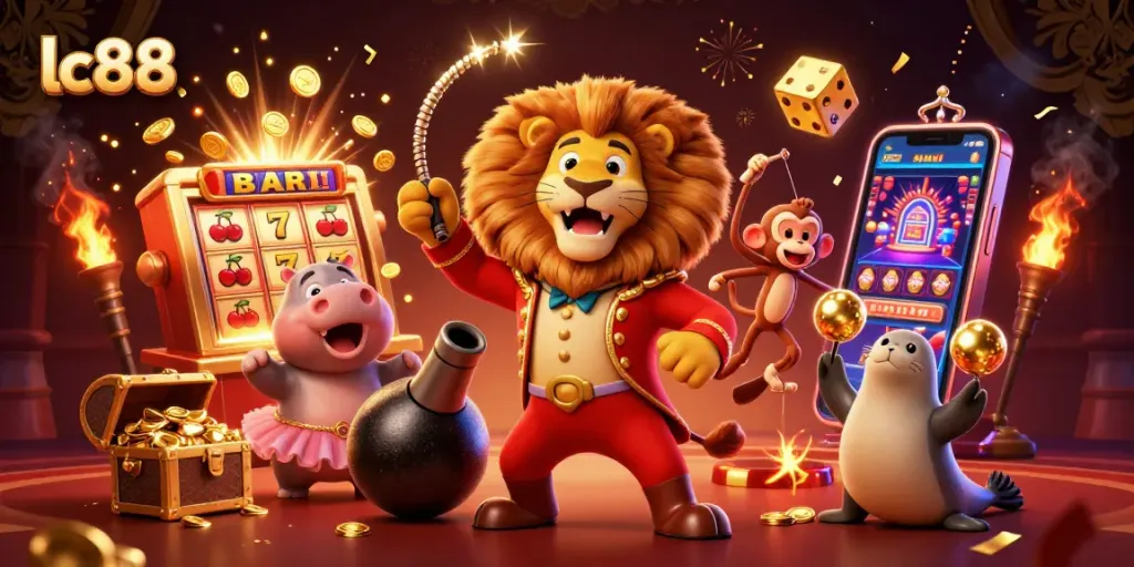 Spin the reels with lc88's vibrant casino scene featuring lively characters and exciting game elements.