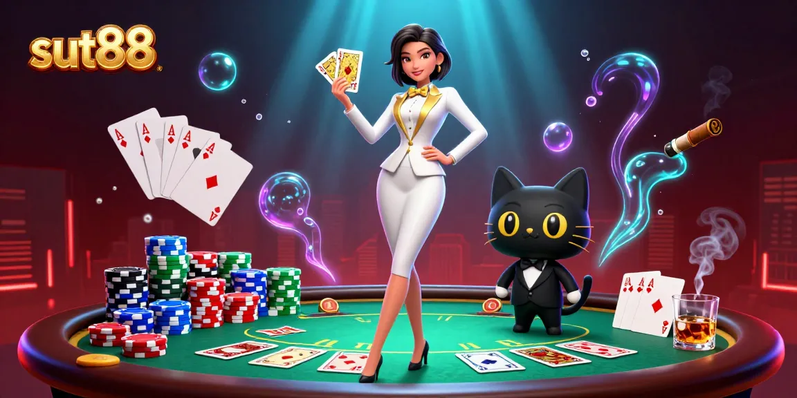 Sut88 features a glamorous woman in a tuxedo playing cards beside a stylish cat, showcasing a lively casino atmosphere.