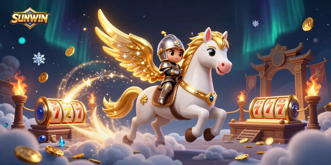SUNWIN casino illustration featuring an armored knight riding a celestial horse amidst gold coins and slot reels.
