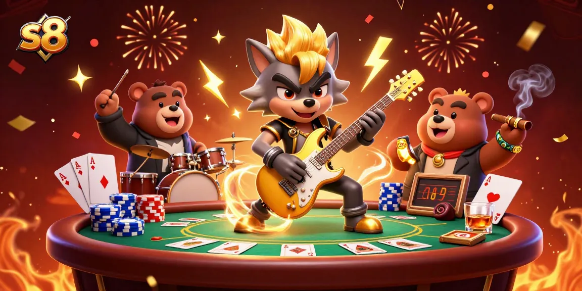 S8 casino features a rock star wolf and a drummer bear amidst thrilling gaming action.